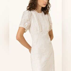 BAUM UND PFERDGARTEN EUROPEAN White Sheath Dress with Puff Sleeves and Crew Neck